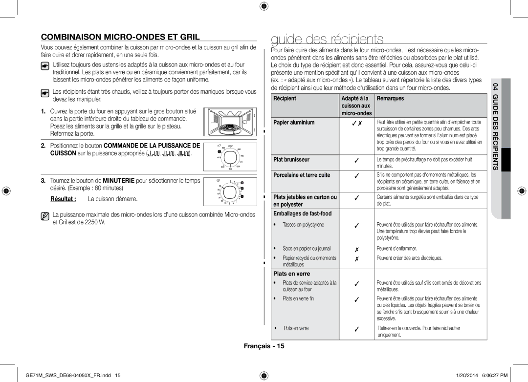 Samsung GE71M/SWS, ME71M/XEG manual Guide des récipients, Combinaison micro-ondes et gril 