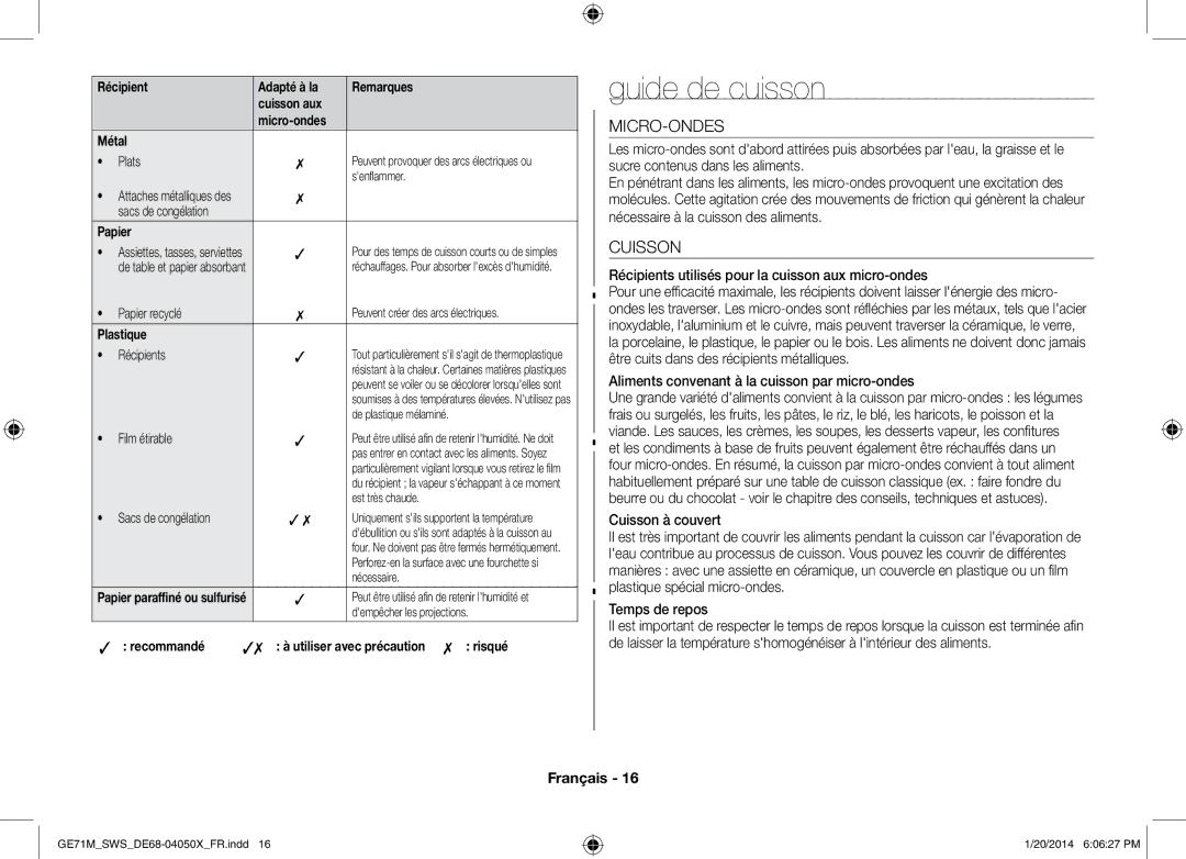 Samsung ME71M/XEG, GE71M/SWS manual Guide de cuisson, Micro-Ondes, Cuisson 