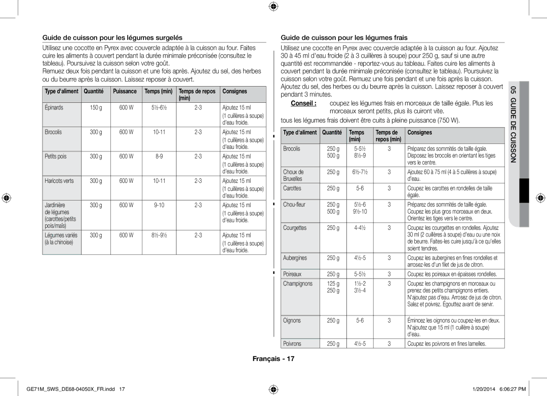Samsung GE71M/SWS Guide de cuisson pour les légumes surgelés, Guide de cuisson pour les légumes frais, Consignes, Temps 