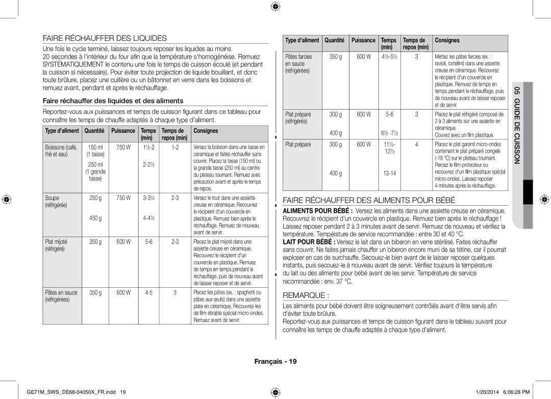 Samsung GE71M/SWS, ME71M/XEG manual Faire Réchauffer DES Liquides, Faire Réchauffer DES Aliments Pour Bébé, Remarque 