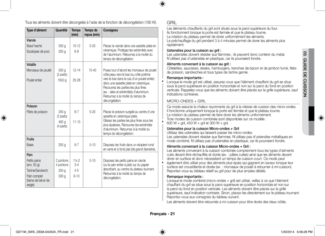 Samsung GE71M/SWS, ME71M/XEG manual Gril, Type daliment 