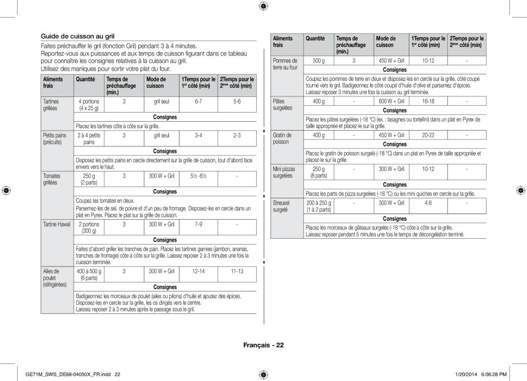 Samsung ME71M/XEG Utilisez des maniques pour sortir votre plat du four, Aliments Quantité Temps de Mode de, Frais, Cuisson 