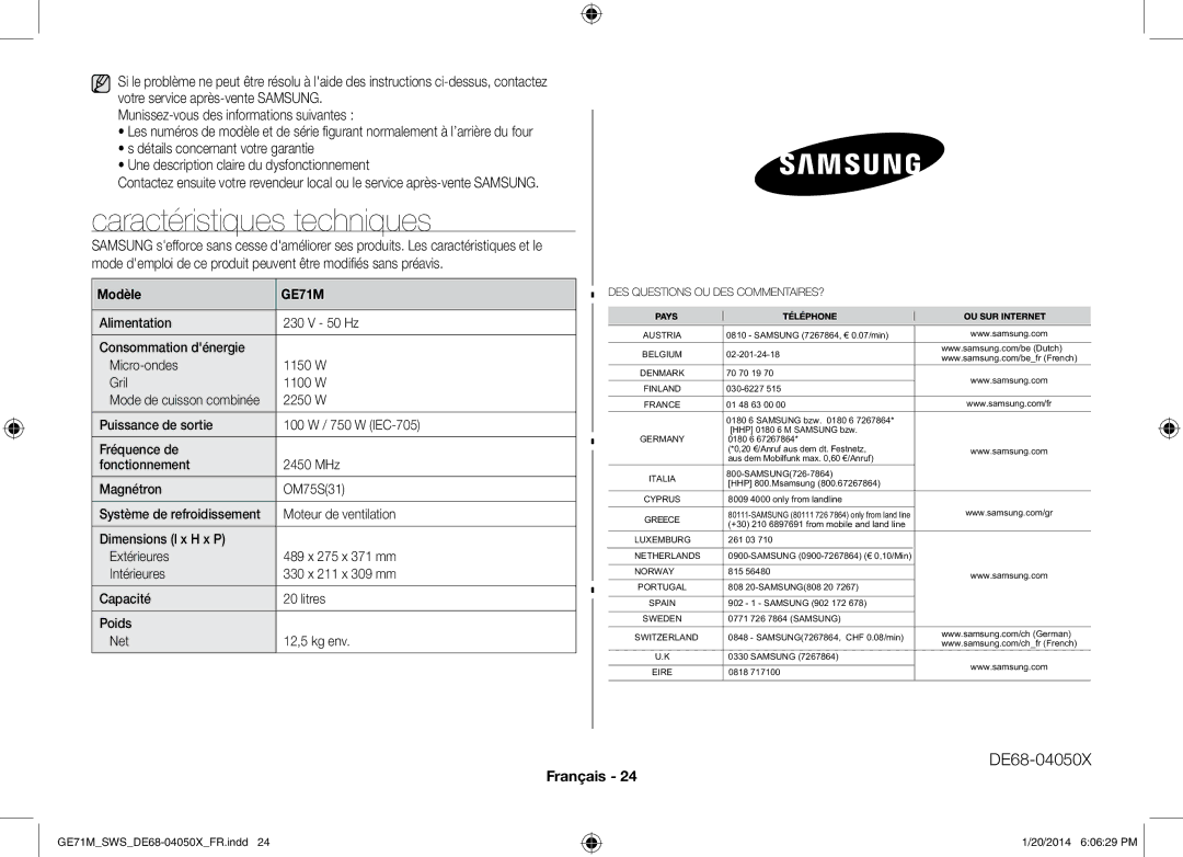 Samsung ME71M/XEG, GE71M/SWS manual Caractéristiques techniques, Modèle, Moteur de ventilation, Mode de cuisson combinée 