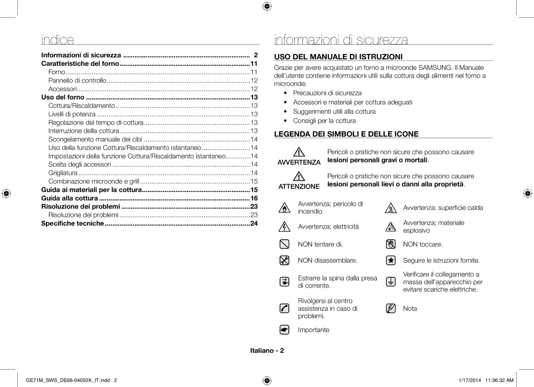 Samsung ME71M/XEG, GE71M/SWS Informazioni di sicurezza, Forno Pannello di controllo Accessori, Risoluzione dei problemi 