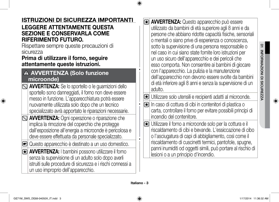 Samsung GE71M/SWS, ME71M/XEG manual Rispettare sempre queste precauzioni di sicurezza, Icuirezzas d mazionifor 