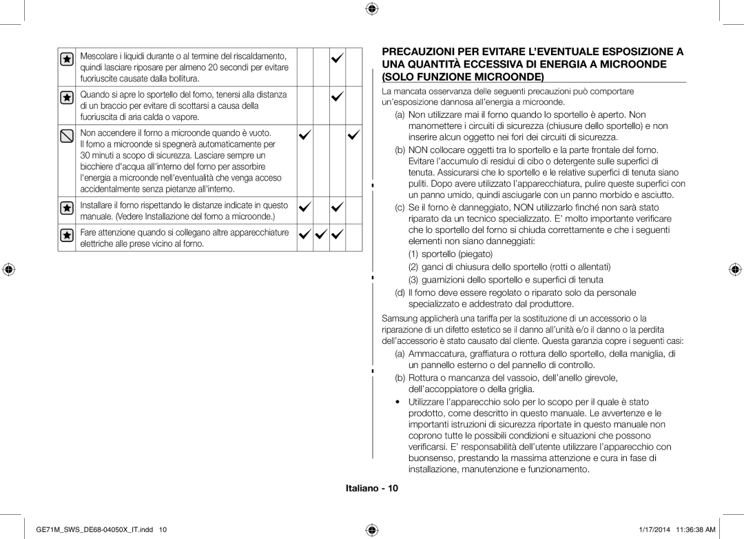 Samsung ME71M/XEG, GE71M/SWS manual Inserire alcun oggetto nei fori dei circuiti di sicurezza 