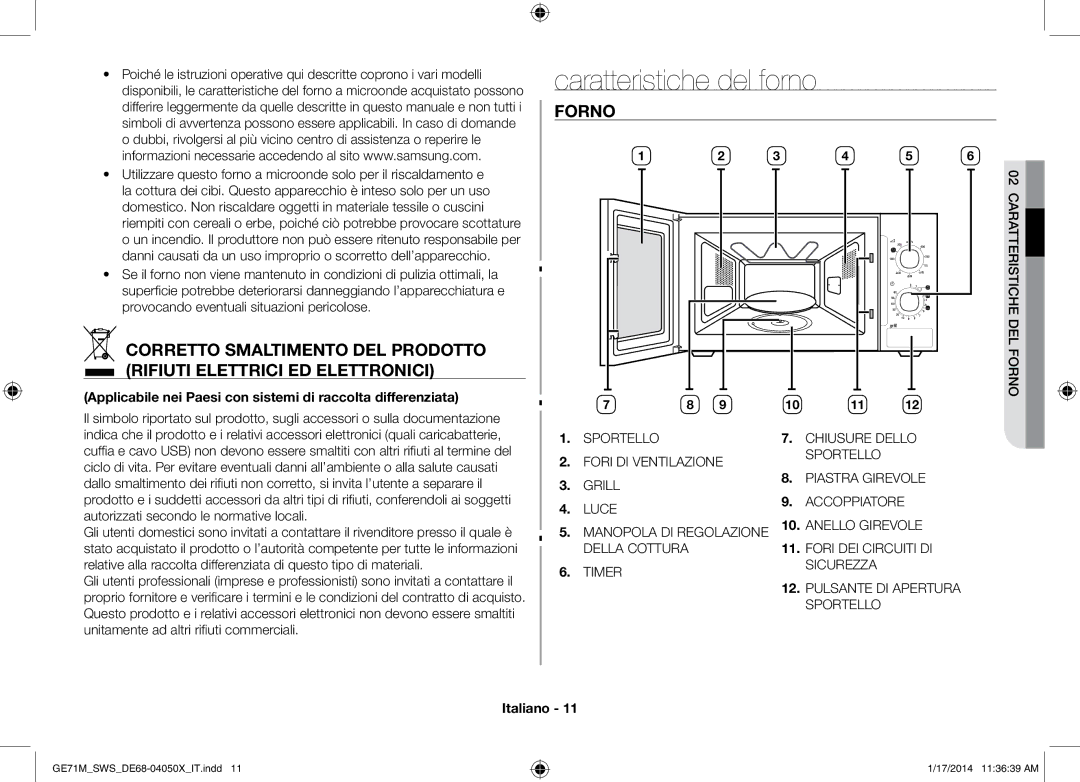 Samsung GE71M/SWS, ME71M/XEG manual Caratteristiche del forno, Forno 