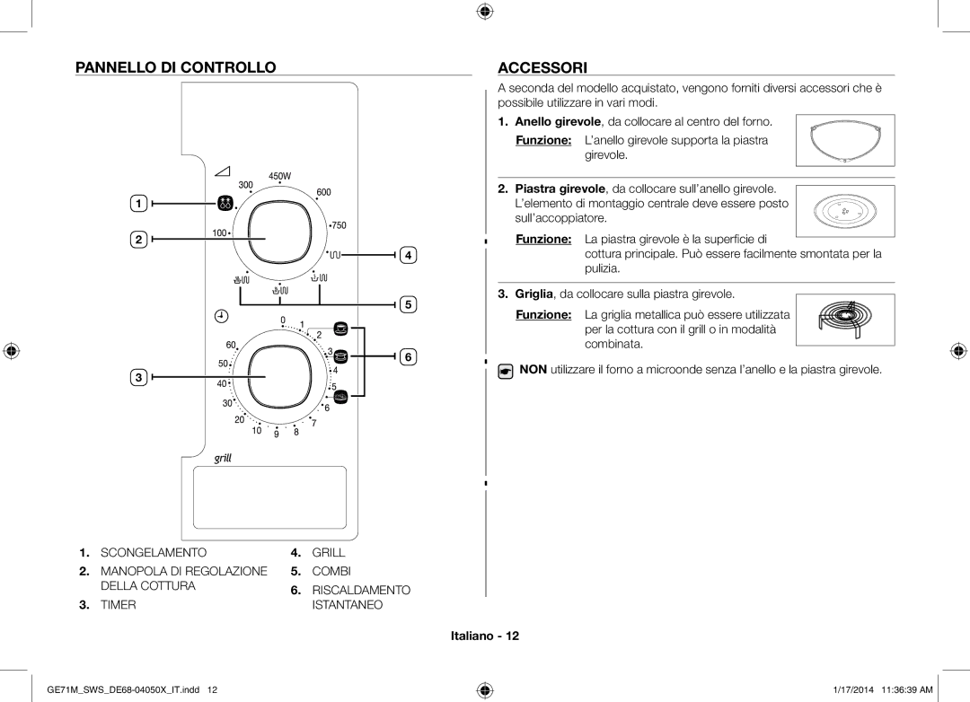 Samsung ME71M/XEG, GE71M/SWS manual Pannello di controllo Accessori, Timer Istantaneo 