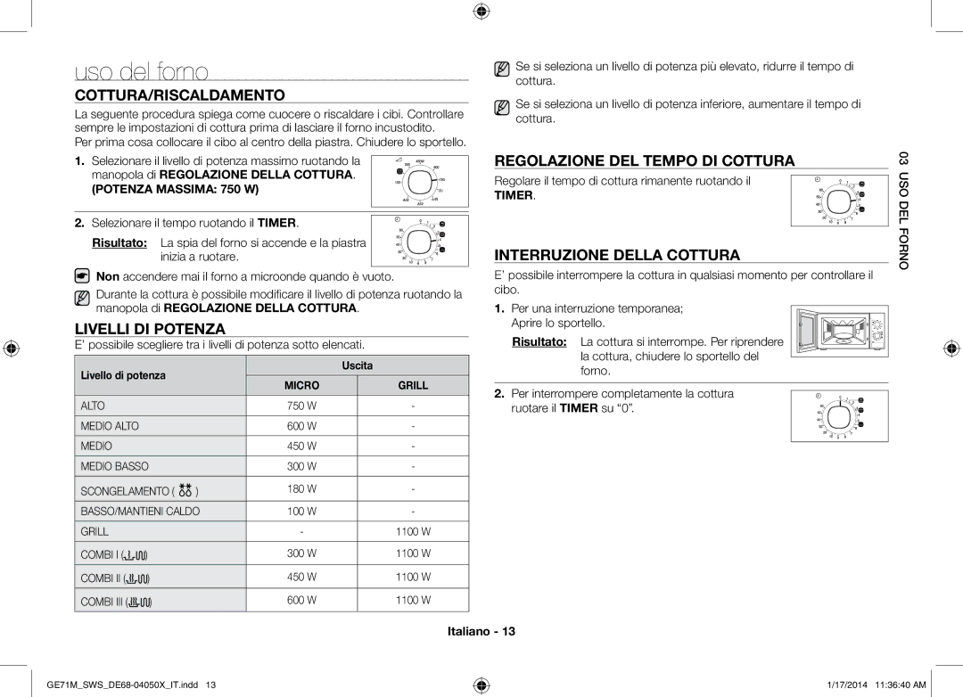 Samsung GE71M/SWS, ME71M/XEG Uso del forno, Cottura/Riscaldamento, Livelli di potenza, Regolazione del tempo di cottura 