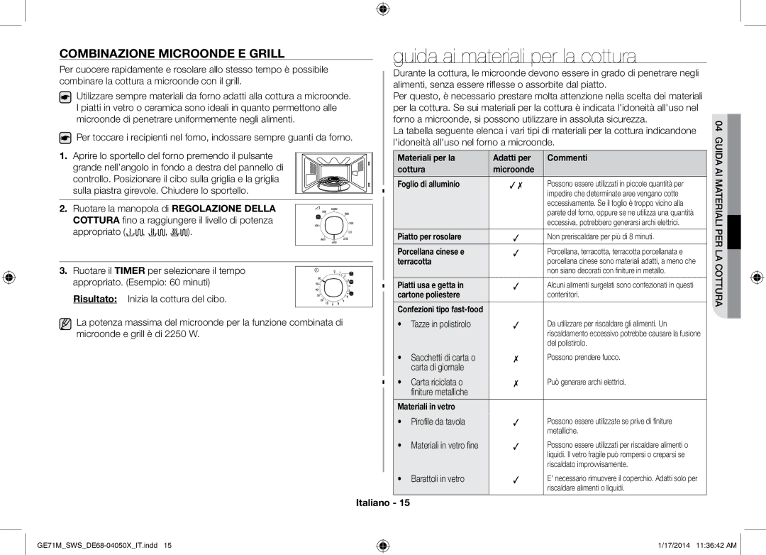 Samsung GE71M/SWS, ME71M/XEG manual Guida ai materiali per la cottura, Combinazione microonde e grill 