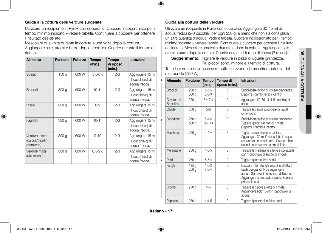 Samsung GE71M/SWS, ME71M/XEG manual Guida alla cottura delle verdure, Idraugu 05ottca lla a, Alimento 