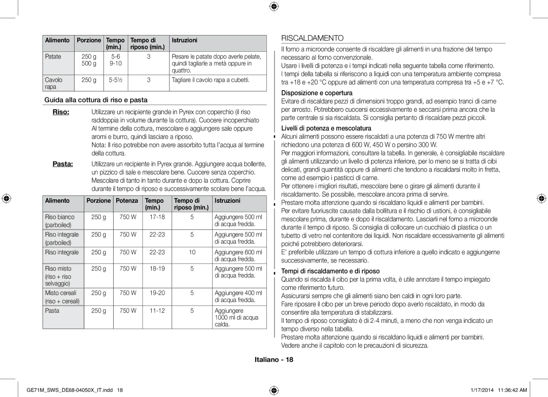 Samsung ME71M/XEG, GE71M/SWS manual Riscaldamento, Guida alla cottura di riso e pasta, Disposizione e copertura 