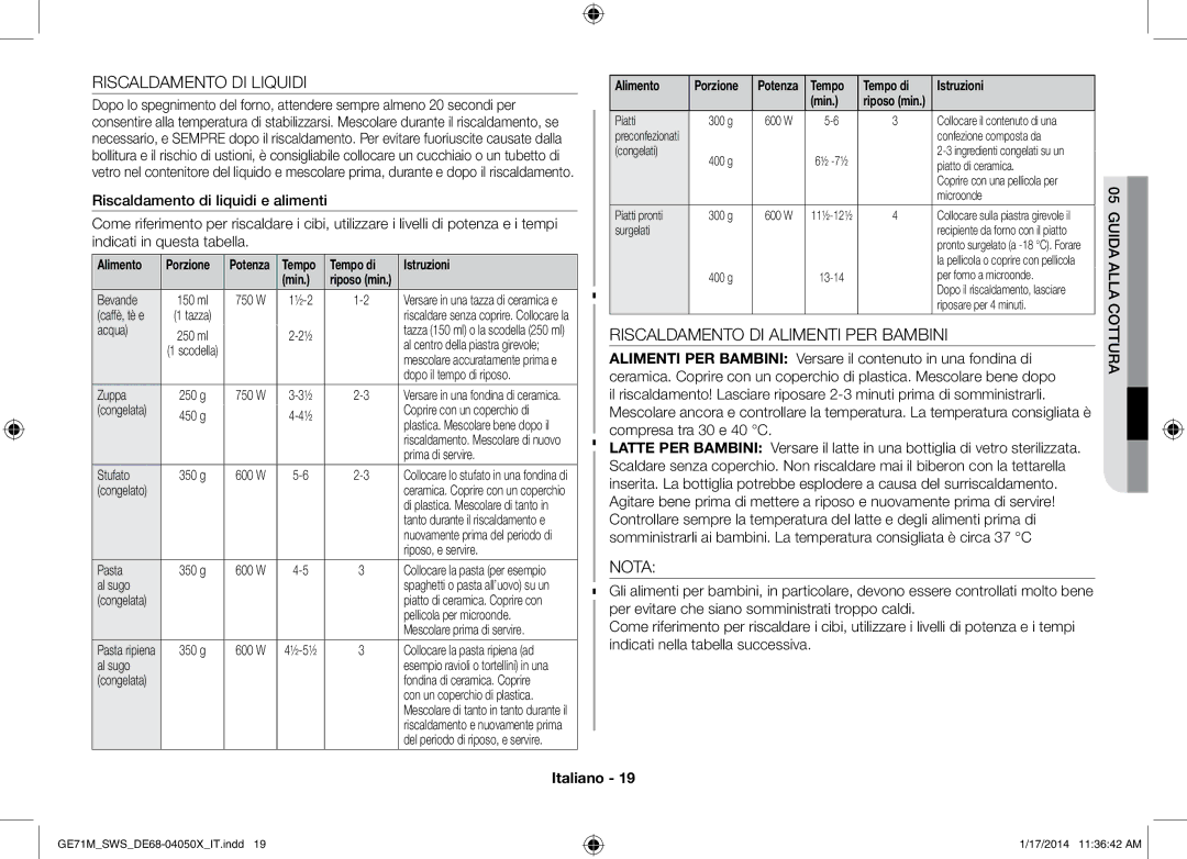 Samsung GE71M/SWS manual Riscaldamento DI Liquidi, Riscaldamento DI Alimenti PER Bambini, Nota, Tempo di Istruzioni Min 