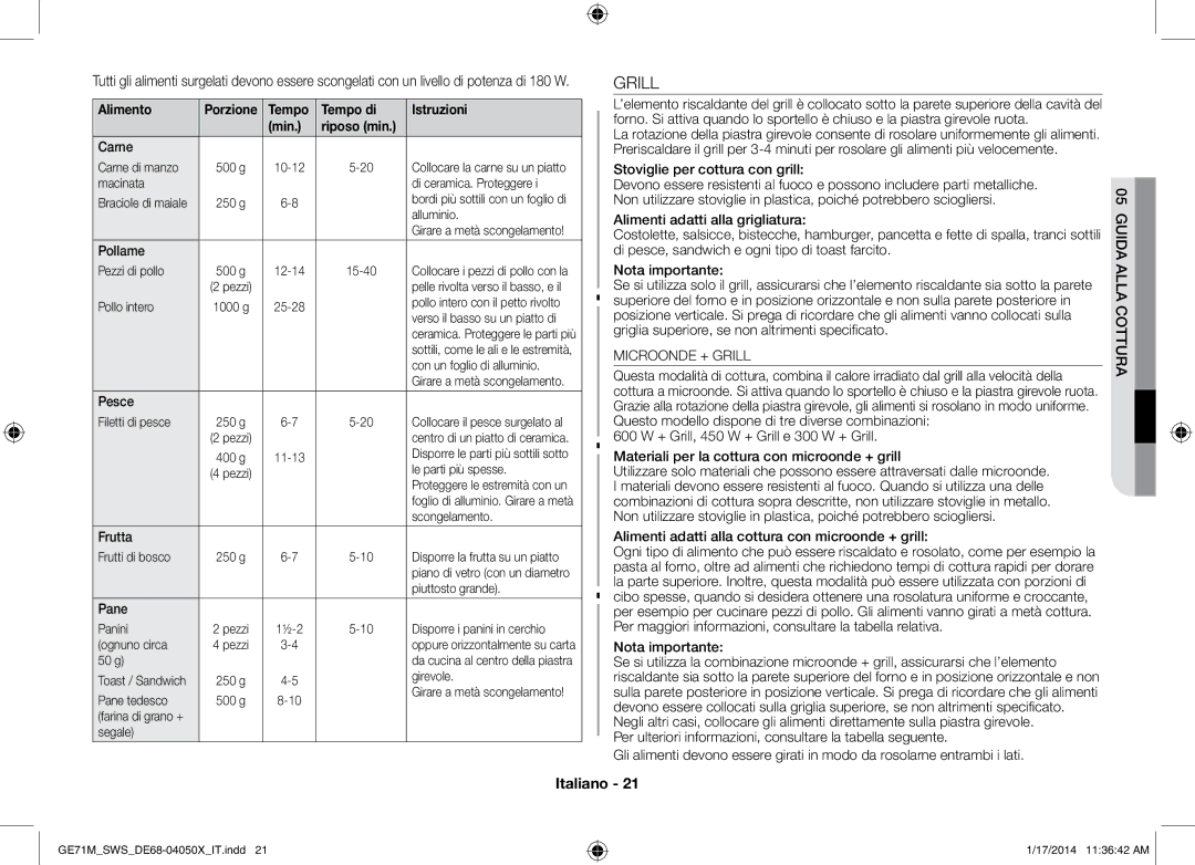 Samsung GE71M/SWS, ME71M/XEG manual Carne, Pollame, Pesce, Frutta, Pane, Stoviglie per cottura con grill 