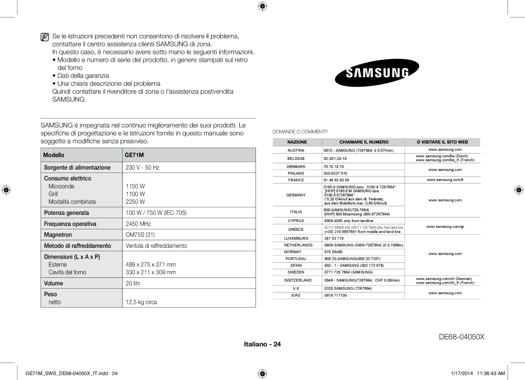 Samsung ME71M/XEG, GE71M/SWS manual Specifiche tecniche, Modello 