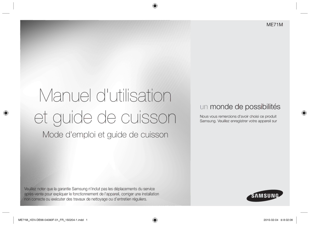 Samsung ME71M/XEN, ME71M/XEG manual Manuel dutilisation et guide de cuisson 