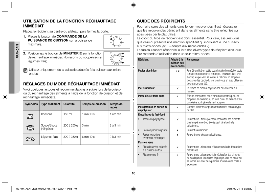 Samsung ME71M/XEG, ME71M/XEN manual Utilisation de la fonction Réchauffage immédiat, Réglages du mode Réchauffage immédiat 