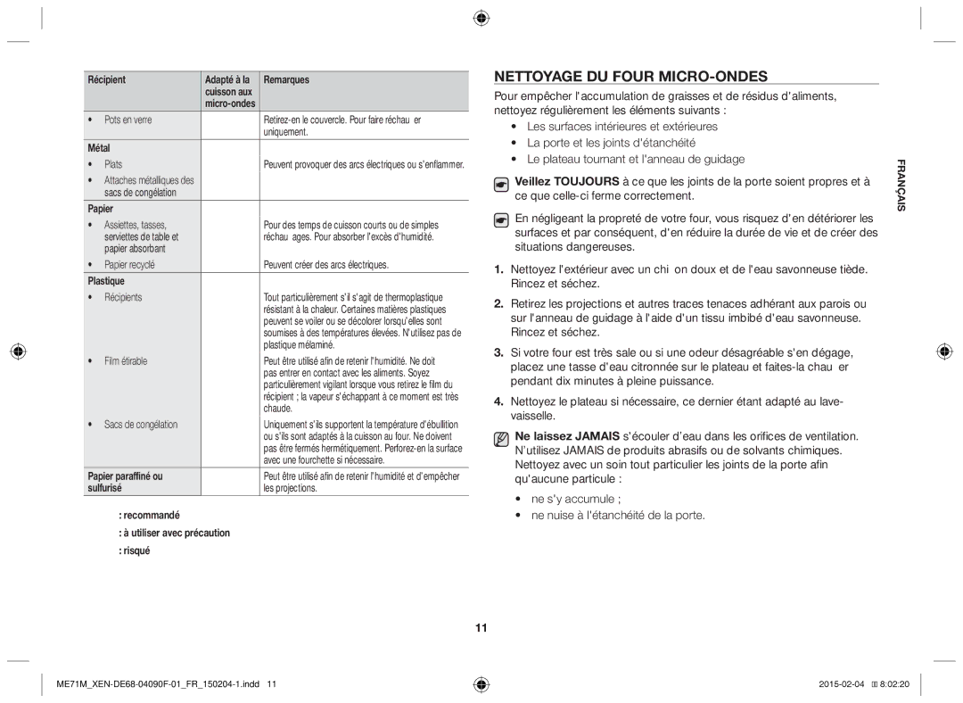 Samsung ME71M/XEN, ME71M/XEG manual Nettoyage du four micro-ondes 