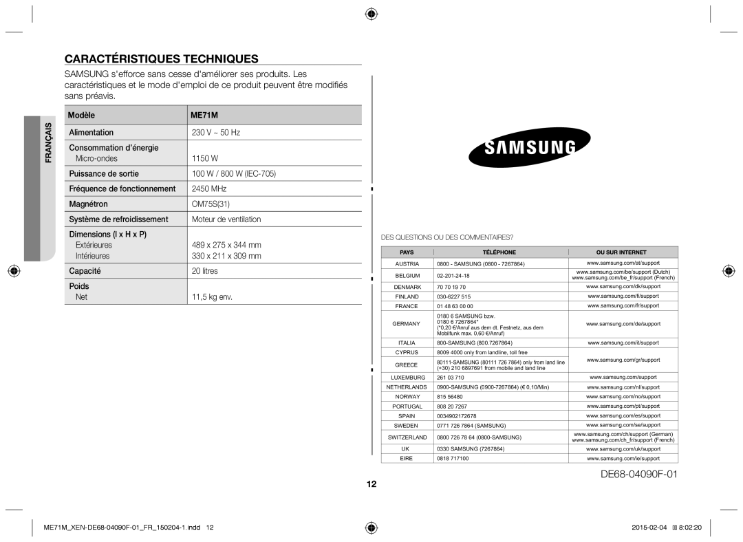 Samsung ME71M/XEG, ME71M/XEN manual Caractéristiques techniques, DE68-04090F-01, Modèle, 2450 MHz 