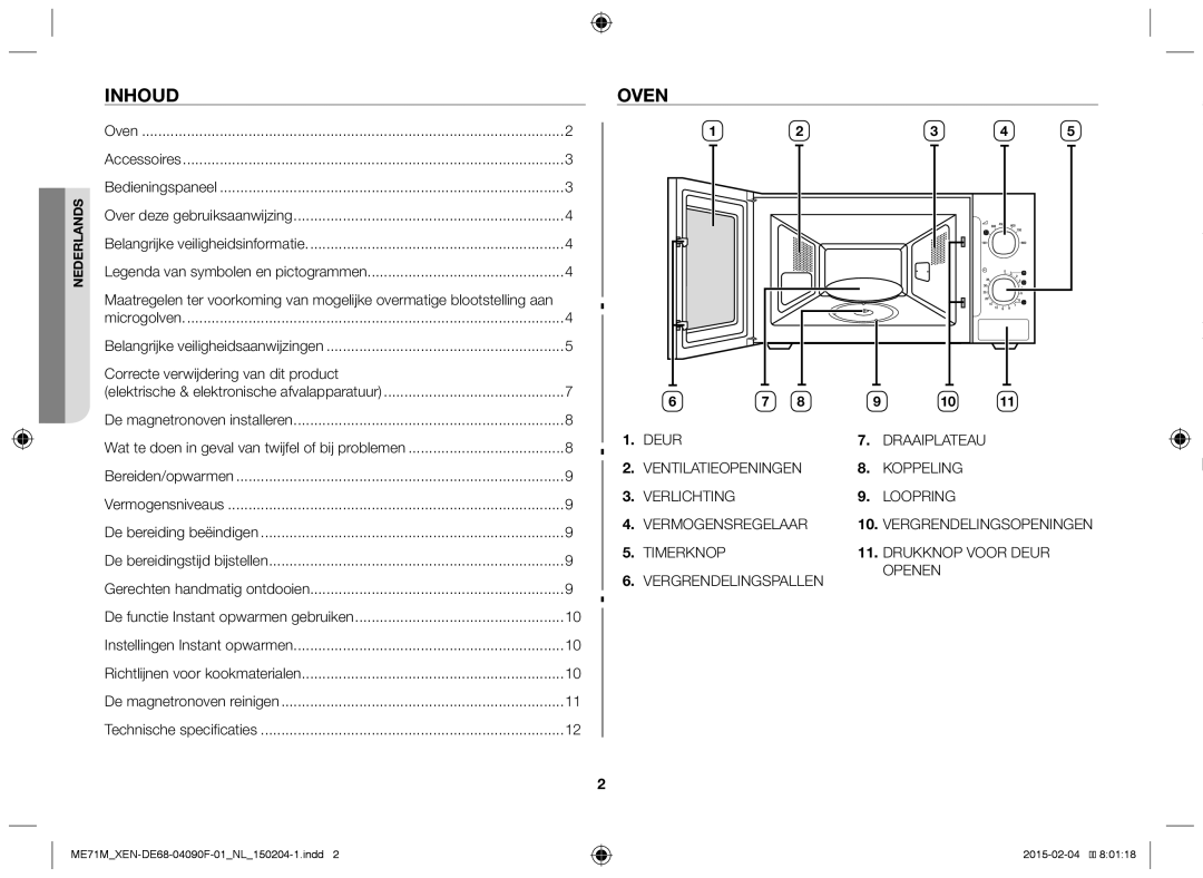 Samsung ME71M/XEG, ME71M/XEN manual Inhoud, Oven, Correcte verwijdering van dit product, Accessoires 