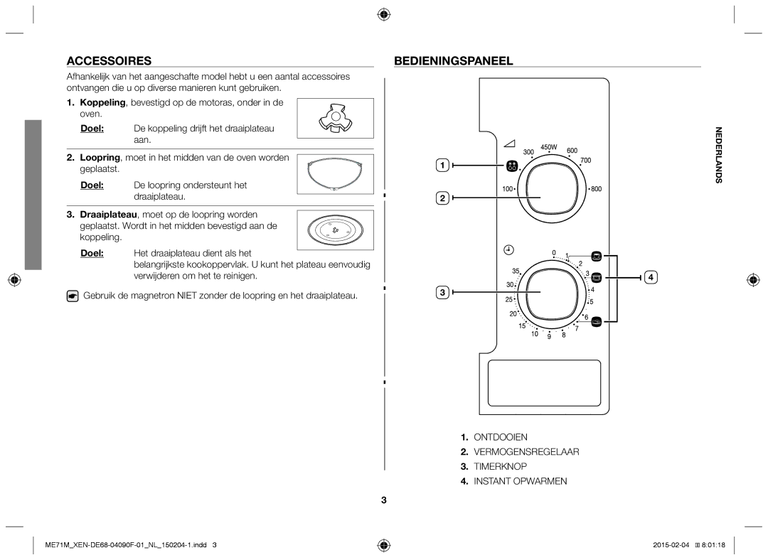 Samsung ME71M/XEN, ME71M/XEG manual Accessoires, Bedieningspaneel 