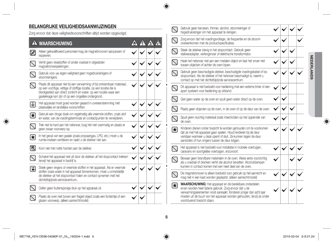 Samsung ME71M/XEN, ME71M/XEG manual Belangrijke veiligheidsaanwijzingen, Kom niet met natte handen aan de stekker 