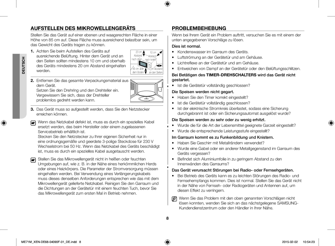 Samsung ME71M/XEG, ME71M/XEN manual Aufstellen DES Mikrowellengeräts, Problembehebung 