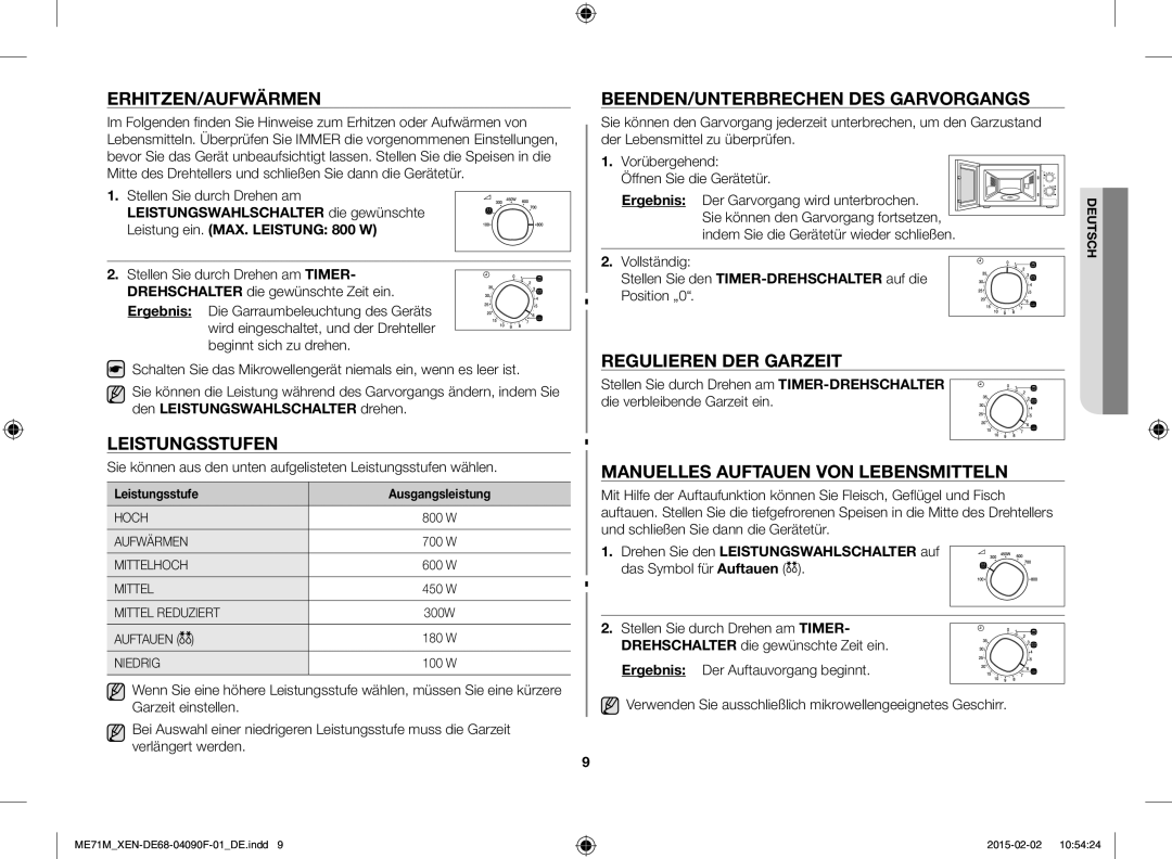 Samsung ME71M/XEN manual Erhitzen/Aufwärmen, Leistungsstufen, BEENDEN/UNTERBRECHEN DES Garvorgangs, Regulieren DER Garzeit 