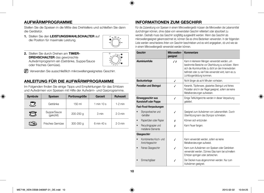 Samsung ME71M/XEG, ME71M/XEN manual Anleitung FÜR DIE Aufwärmprogramme, Informationen ZUM Geschirr 