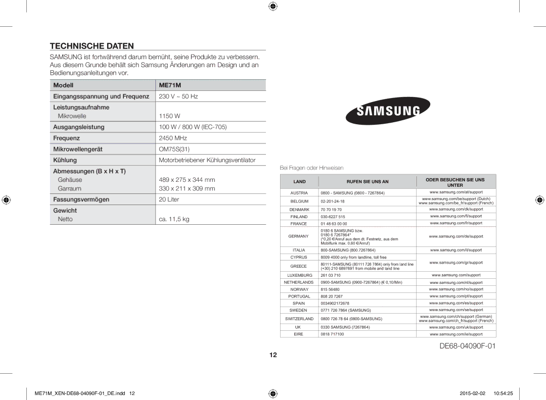 Samsung ME71M/XEG, ME71M/XEN manual Technische Daten, Modell 