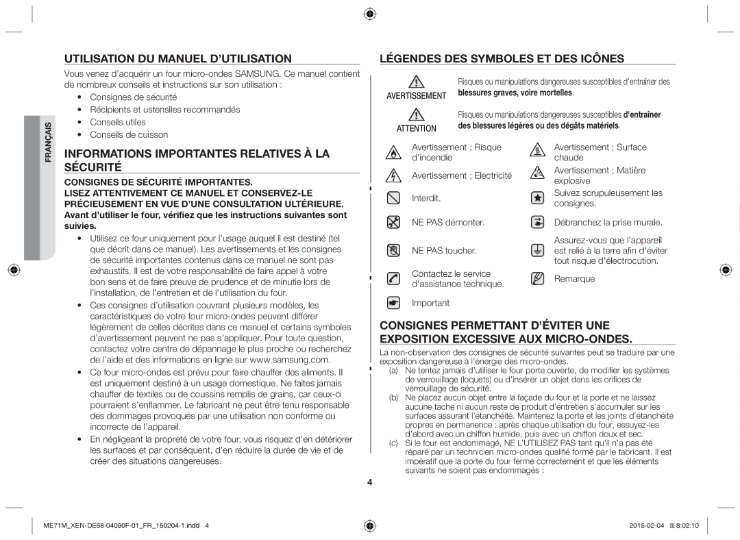 Samsung ME71M/XEG, ME71M/XEN manual Informations importantes relatives à la sécurité 