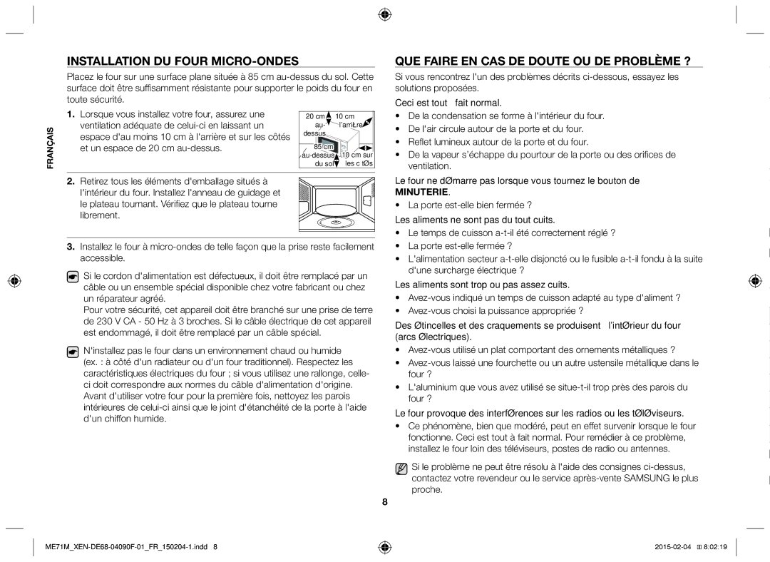 Samsung ME71M/XEG, ME71M/XEN manual Installation du four micro-ondes, Que faire en cas de doute ou de problème ? 