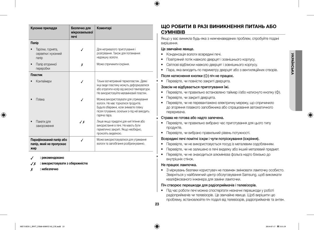 Samsung ME731KR-L/BWT manual ЩО Робити В Разі Виникнення Питань АБО Сумнівів, Печі Папір 