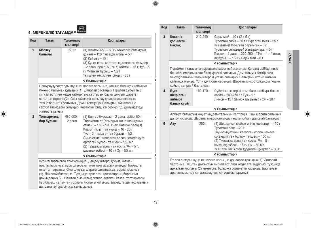 Samsung ME731KR-L/BWT manual Мәскеу, Балығы Қоң еті 150 г, өсімдік майы 5 г Қаймақ 15 г, Ұнтақ ақ бұрыш 1/2 г, Толтырмасы 