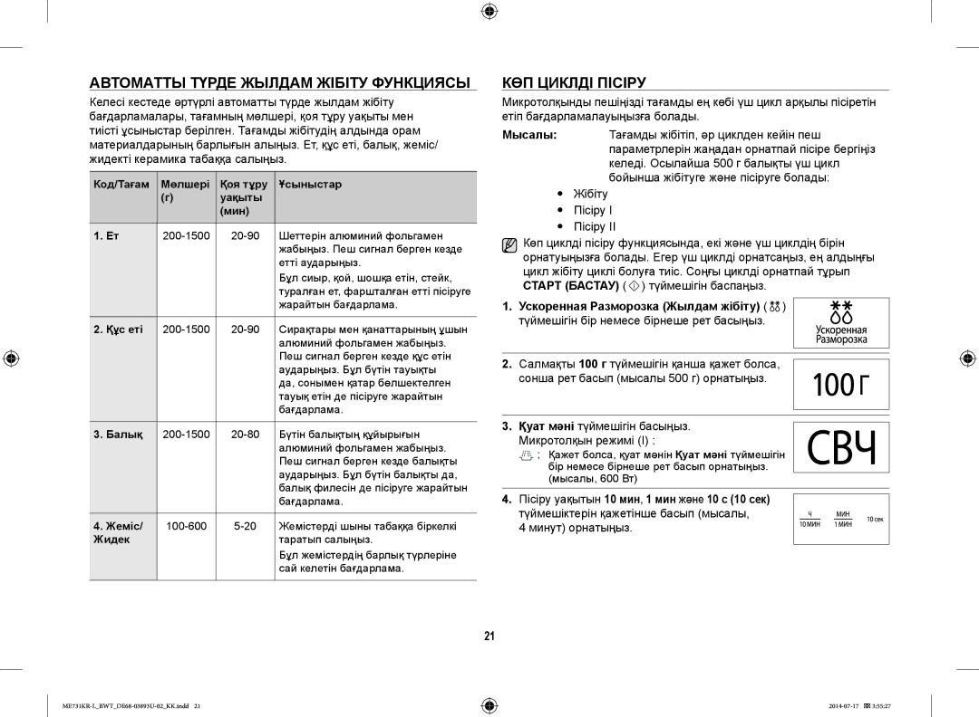 Samsung ME731KR-L/BWT manual Автоматты Түрде Жылдам Жібіту Функциясы, КӨП Циклді Пісіру 