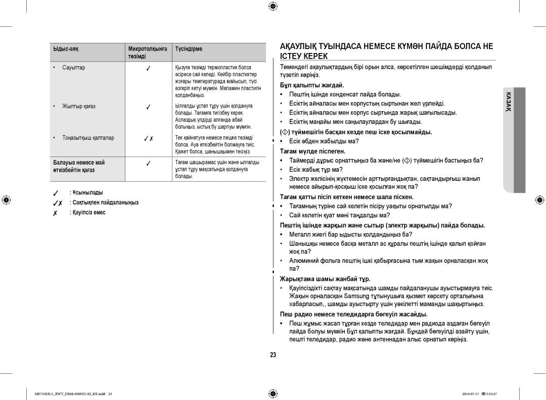 Samsung ME731KR-L/BWT manual Ақаулық Туындаса Немесе Күмән Пайда Болса НЕ Істеу Керек 