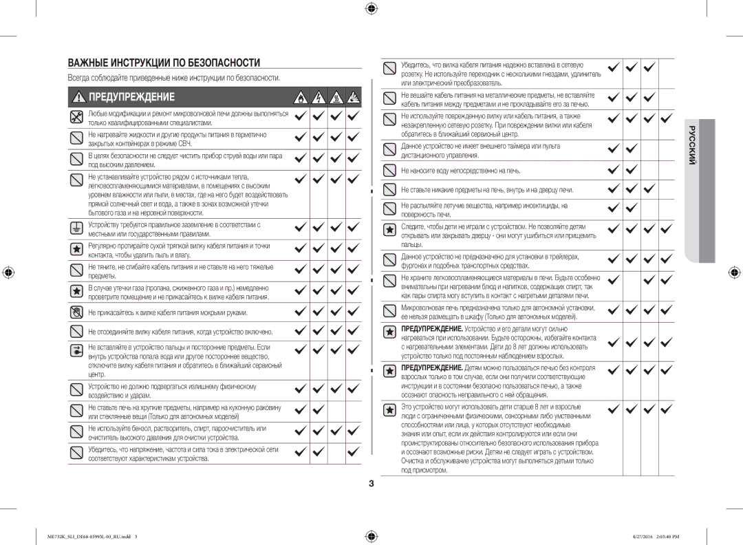 Samsung ME731K/SLI manual Важные Инструкции ПО Безопасности, Предупреждение 