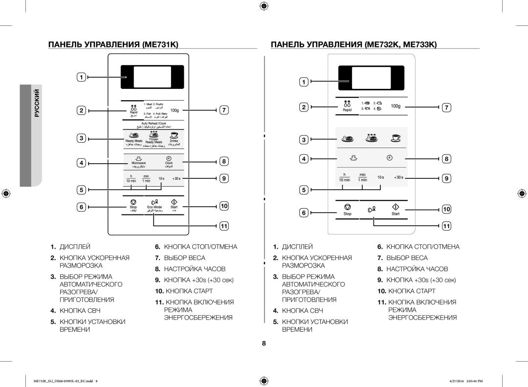 Samsung ME731K/SLI manual Панель Управления ME731K Панель Управления ME732K, ME733K, Кнопка +30s +30 сек 