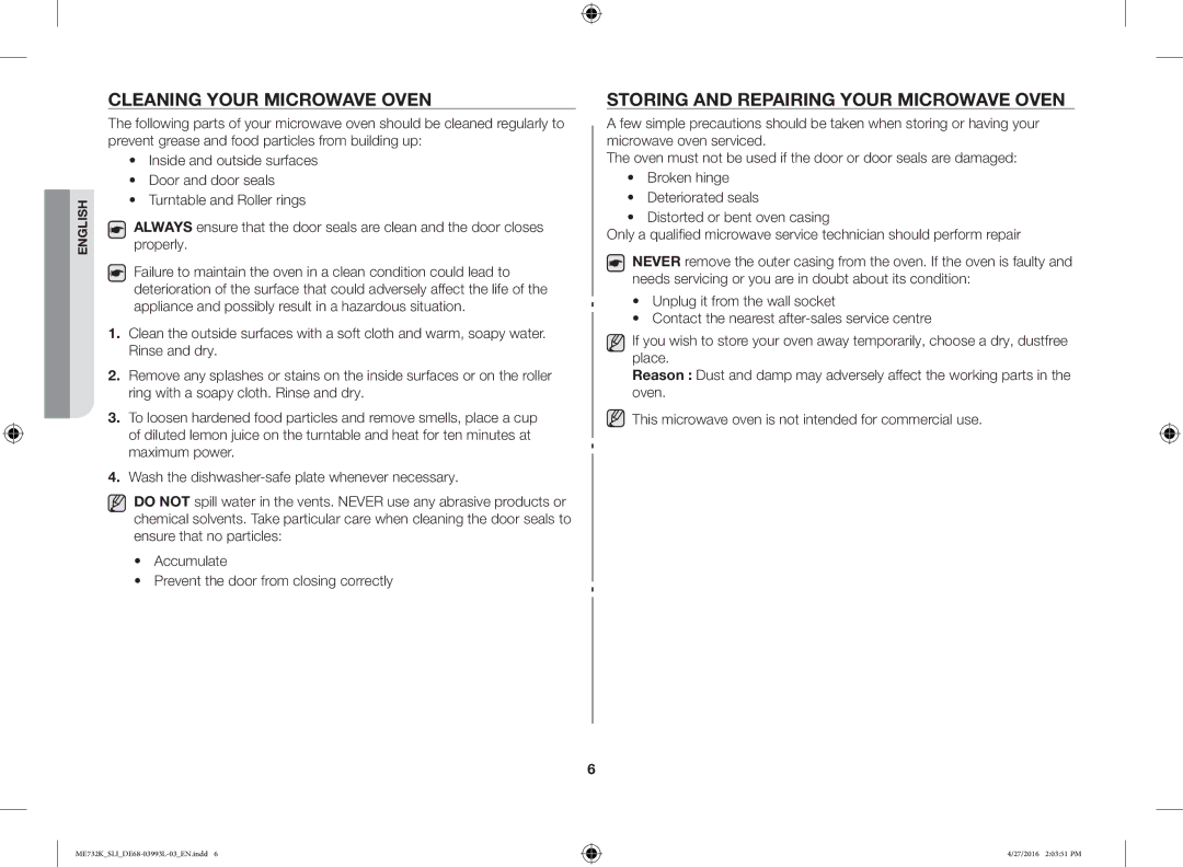 Samsung ME731K/SLI manual Cleaning Your Microwave Oven, Storing and Repairing Your Microwave Oven 