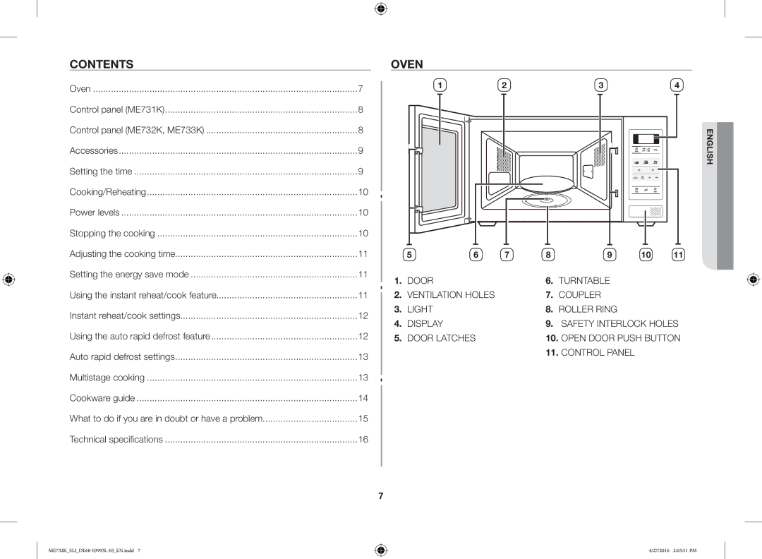 Samsung ME731K/SLI manual Contents, Oven 