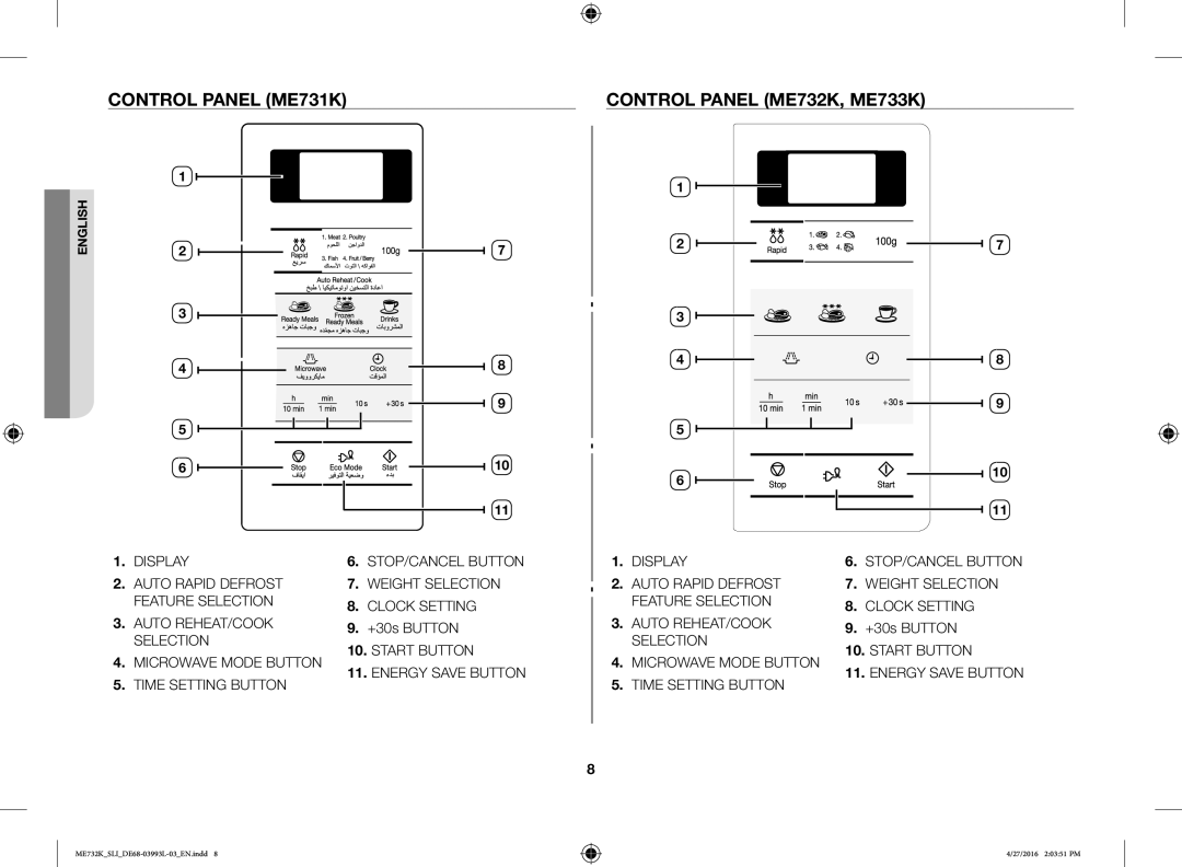 Samsung ME731K/SLI manual Control Panel ME731K, Control Panel ME732K, ME733K, +30s Button 