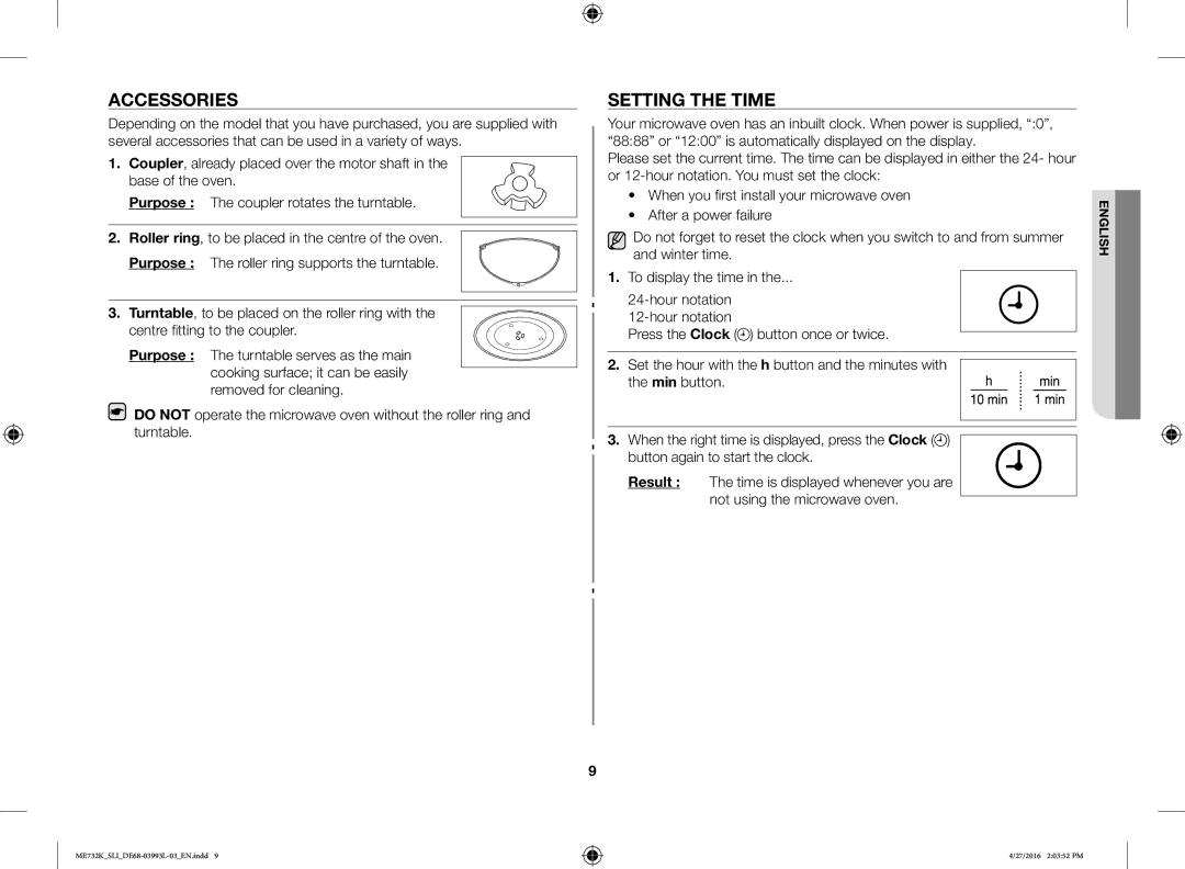 Samsung ME731K/SLI manual Accessories, Setting the Time, After a power failure 