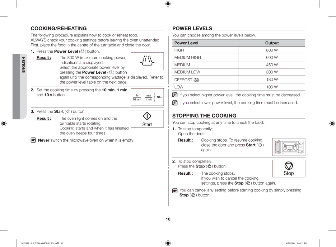 Samsung ME731K/SLI manual Cooking/Reheating, Power Levels, Stopping the Cooking, Power Level Output, Result 