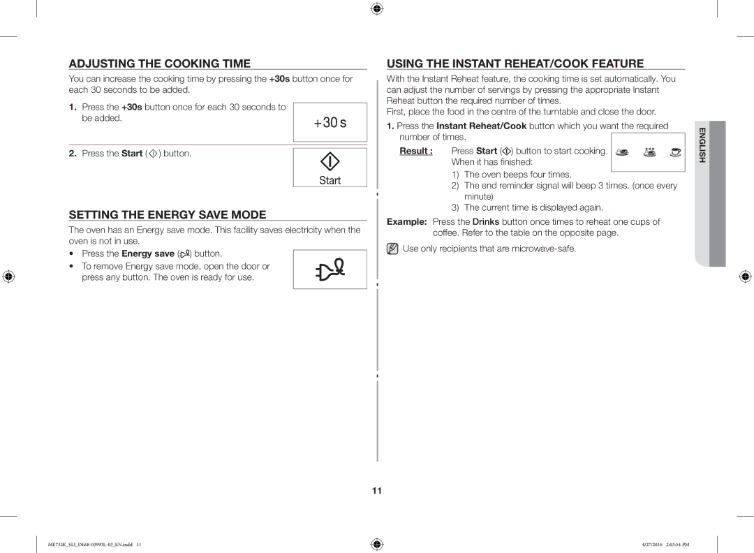 Samsung ME731K/SLI manual Adjusting the Cooking Time, Setting the Energy Save Mode, Using the Instant REHEAT/COOK Feature 