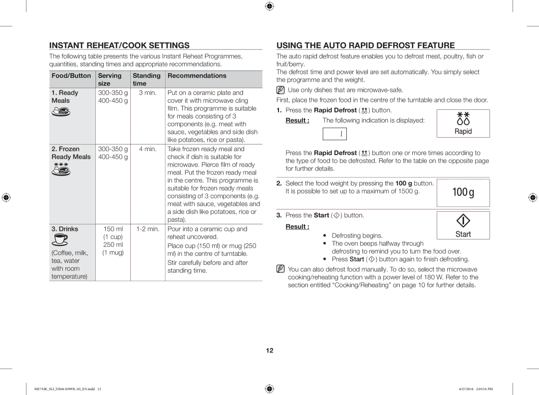 Samsung ME731K/SLI manual Instant REHEAT/COOK Settings, Using the Auto Rapid Defrost Feature 