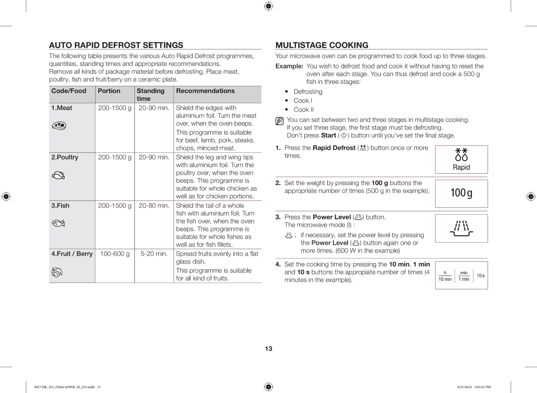 Samsung ME731K/SLI manual Auto Rapid Defrost Settings, Multistage Cooking, Code/Food Portion Standing Recommendations Time 