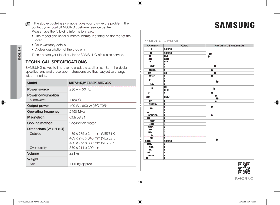 Samsung ME731K/SLI manual Technical Specifications, Model ME731K,ME732K,ME733K 