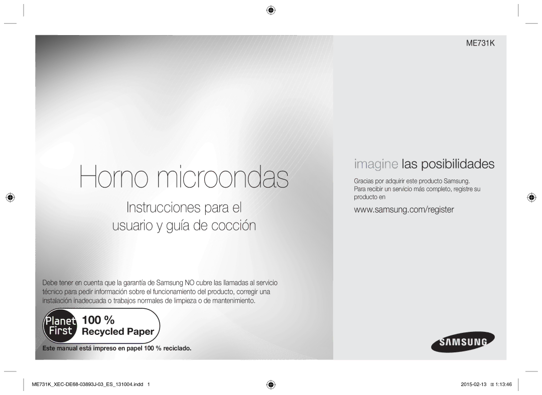 Samsung ME731K/XEC manual Horno microondas, Este manual está impreso en papel 100 % reciclado 