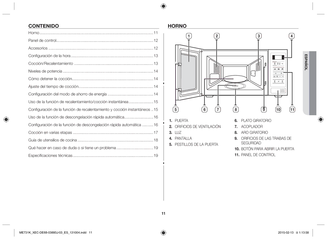 Samsung ME731K/XEC manual Contenido, Horno 