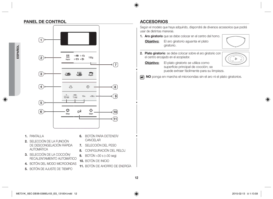 Samsung ME731K/XEC manual Panel de control Accesorios, Botón +30 s +30 seg 